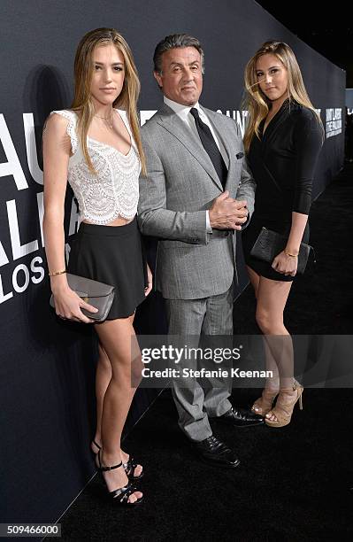 Actor Sylvester Stallone and his daughters Sistine Stallone and Sophia Stallone attend Saint Laurent at the Palladium on February 10, 2016 in Los...