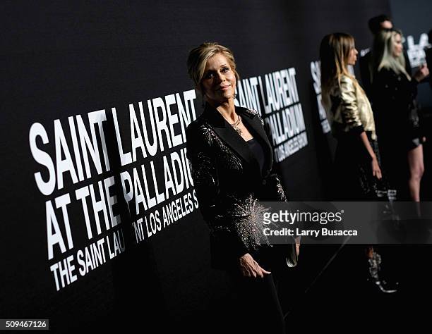 Actress Jane Fonda, in Saint Laurent by Hedi Slimane, attends Saint Laurent at the Palladium on February 10, 2016 in Los Angeles, California for the...