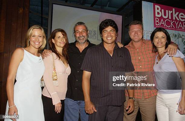 REBECCA HARRIS, TARA DENNIS, RITA HILL, SCOTT CAM AND GEOFF JANSZ WITH DON BURKE AT HIS COCKTAIL PARTY FOR THE LAUNCH OF THE NEW BURKE'S BACKYARD TV...