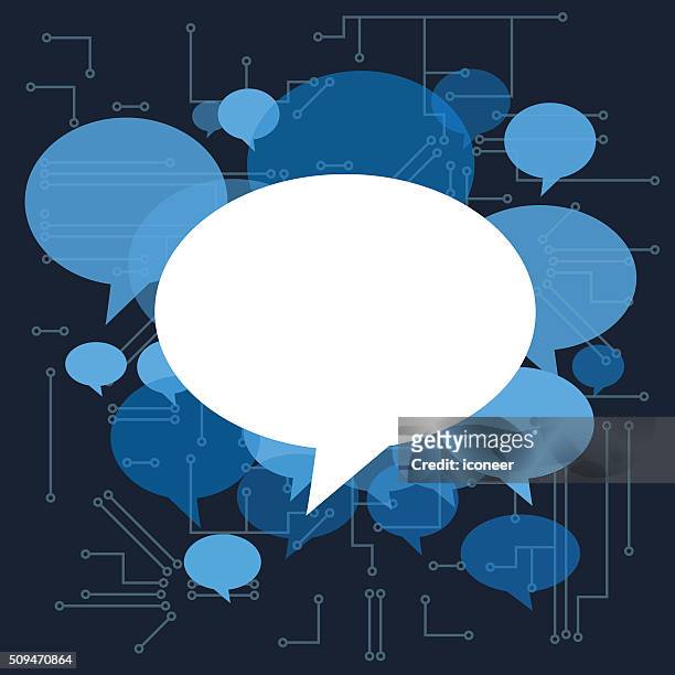 ilustraciones, imágenes clip art, dibujos animados e iconos de stock de burbujas de chat en circuitos de componentes electrónicos de fondo azul oscuro - hombre y máquina