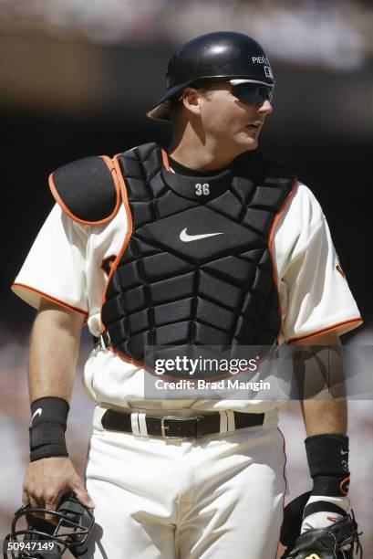 Pierzynski of the San Francisco Giants looks on during the game against the Philadelphia Phillies at SBC Park on May 13, 2004 in San Francisco,...