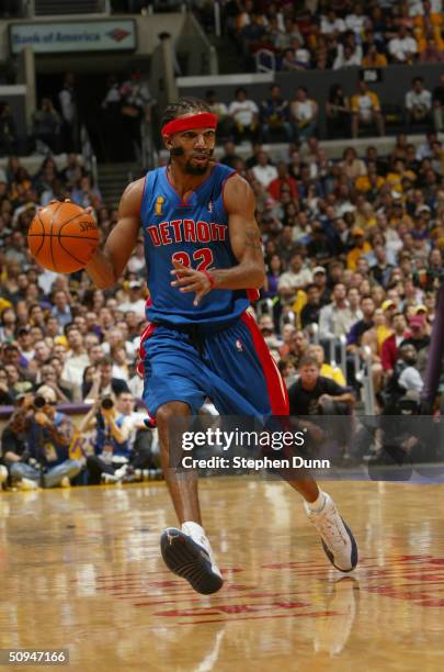 Richard Hamilton of the Detroit Pistons drives against the Los Angeles Lakers in Game One of the 2004 NBA Finals at Staples Center on June 6, 2004 in...