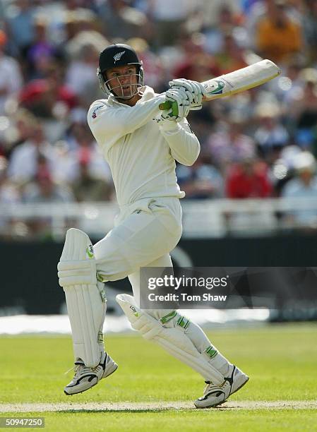 Nathan Astle of New Zealand hits out during the first day of the 3rd Npower Test match between England and New Zealand at Trent Bridge on June 10...