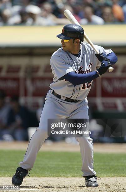 Infielder Carlos Pena of the Detroit Tigers waits for an Oakland Athletics pitch during the game at Network Associates Coliseum on May 20, 2004 in...