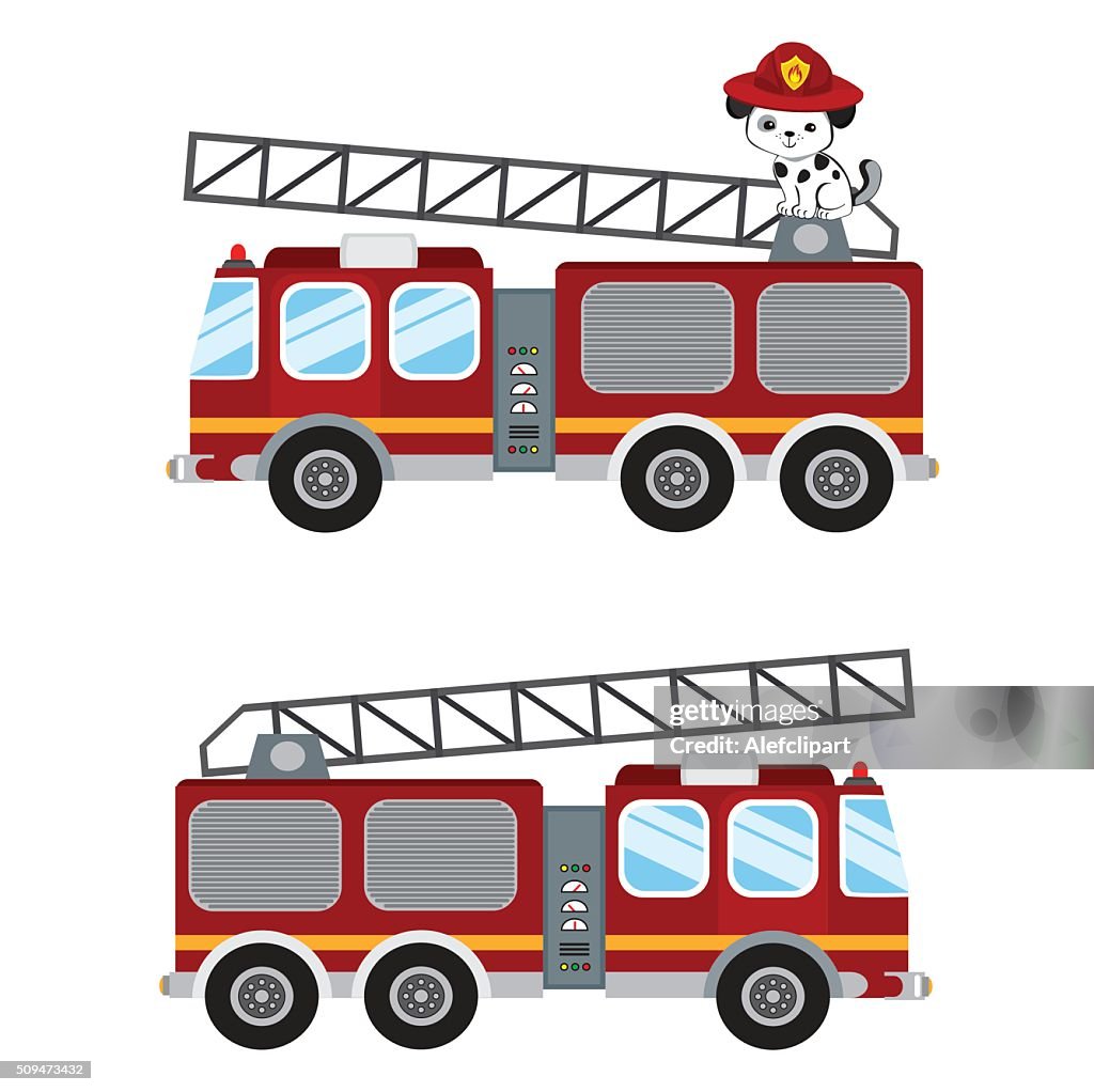 Fire Truck Cartoon Illustration And Cute Puppy Firefighter High-Res Vector  Graphic - Getty Images
