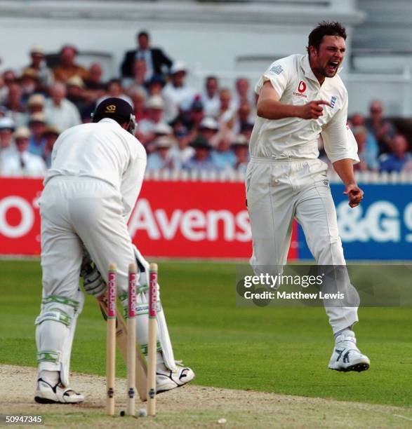 Steve Harmison of England celebrates bowling Nathan Astle of New Zealand, during the first day of the third npower Test Match between England and New...