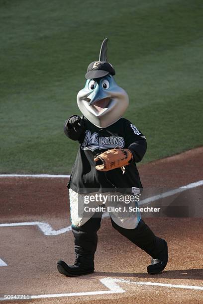 Billy the Marlin, the Florida Marlins Mascot, entertains the fans during the game against the New York Mets at Pro Player Stadium on May 29, 2004 in...