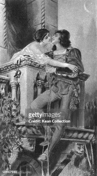Illustration of the 'balcony scene' from William Shakespeare's 'Romeo and Juliet' shows the two title characters as they lean in for a kiss while...