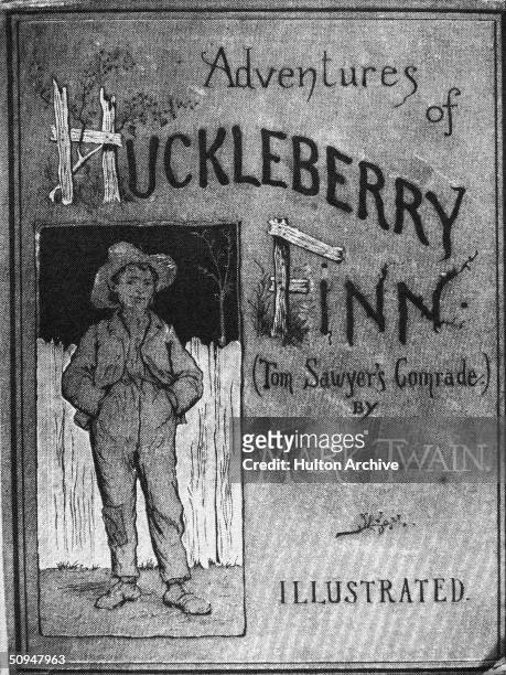 Cover of the book 'Adventures of Huckleberry Finn ' by Mark Twain , 1884. The illustration, by E. M. Kimble, shows a young boy who stands in front of...