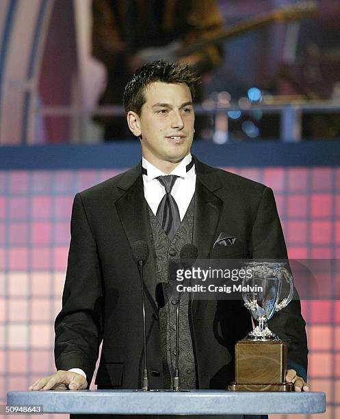 Andrew Raycroft of the Boston Bruins winner of the Calder Trophy, awarded annually to the player who has been the most proficient in his first year...