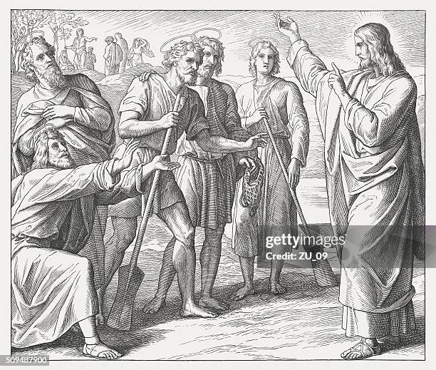 erste schüler der jesus, holz-gravur, veröffentlichte im jahre 1860 - apostel stock-grafiken, -clipart, -cartoons und -symbole
