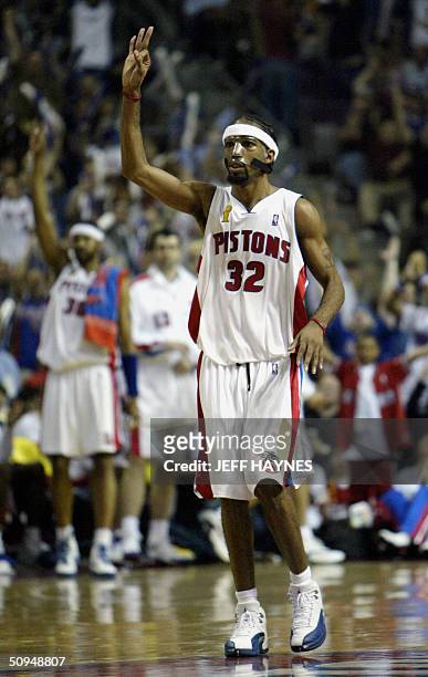 Richard Hamilton of the Detroit Pistons signals "3" after one of his three point baskets against the Los Angeles Lakers during the second half of...