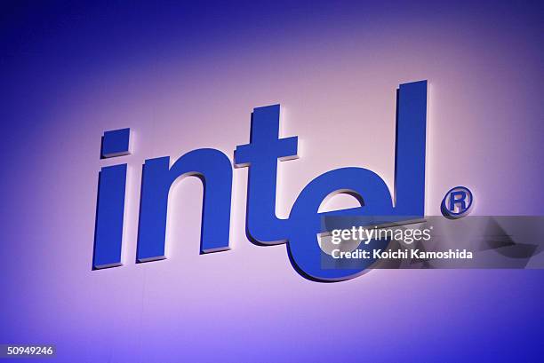 Intel signage at a press conference on June 11, 2004 in Tokyo, Japan. Intel announced together with its partner companies HP, NEC, Hitachi and...