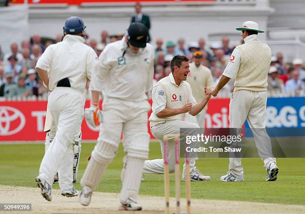 Ashley Giles of England celebrates taking the wicket of Scott Styris of New Zealand during the second day of the 3rd Npower Test match between...