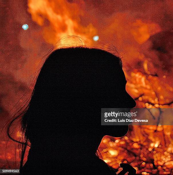 silhouette with bonfire - bonfires in the night of san juan stock pictures, royalty-free photos & images