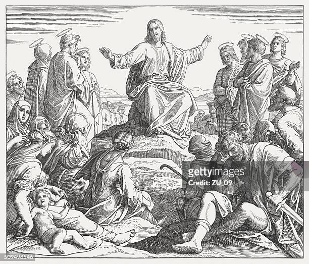 stockillustraties, clipart, cartoons en iconen met jesus' sermon on the mount (matthew 5), published in 1860 - predikant