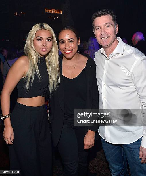 Hayley Kiyoko, Fab Leys and Reed Smith's Ed Shapiro attend the Reed Smith GRAMMY Party at The Sayers Club on February 10, 2016 in Hollywood,...