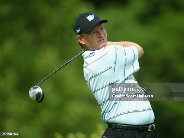 Ernie Els of South Africa watches his tee shot on the ninth hole during the second round of the Buick Classic at the Westchester Country Club June...