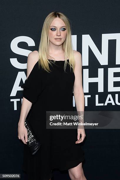 Actress Dakota Fanning, in Saint Laurent by Hedi Slimane, arrives at the Saint Laurent show at the Hollywood Palladium on February 10, 2016 in Los...