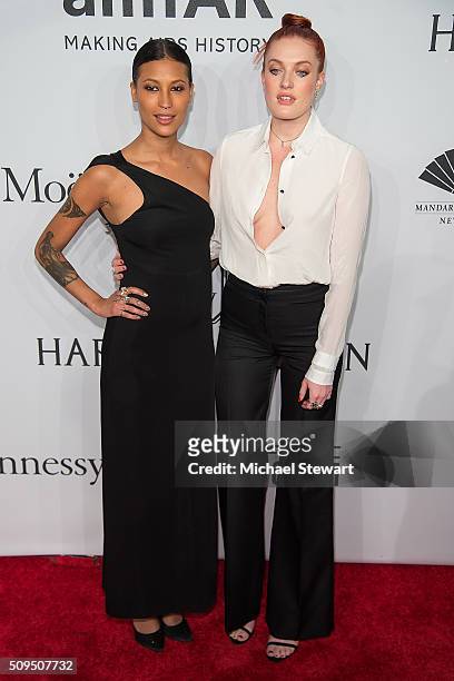 Caroline Hjelt and Aino Jawo of Icona Pop attend the 2016 amfAR New York Gala at Cipriani Wall Street on February 10, 2016 in New York City.