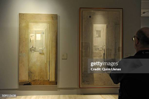 Visitor looks at the paintings named 'El cuarto de bano' by Antonio Lopez during the press opening of the exhibition 'Realistas de Madrid' at the...