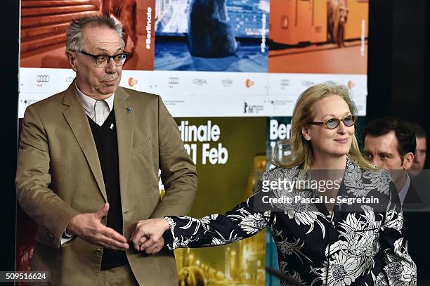 Berlinale Festival Director Dieter Kosslick and International Jury President Meryl Streep attend the International Jury press conference during the...