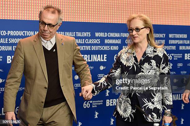 Berlinale Festival Director Dieter Kosslick and International Jury President Meryl Streep attend the International Jury press conference during the...