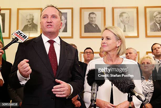 Leader of the National Party Barnaby Joyce holds a press conference with his Deputy Leader Fiona Nash in the National Party room at Parliament House...