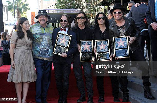 Actress America Ferrera, musician Carlos Santana with Mana at the Mana Star ceremony on The Hollywood Walk of Fame held on February 10, 2016 in...