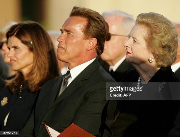 Maria Shriver, California Governor Arnold Schwarzenegger and former British Prime Minister Margaret Thatcher attend the interment ceremony as former...