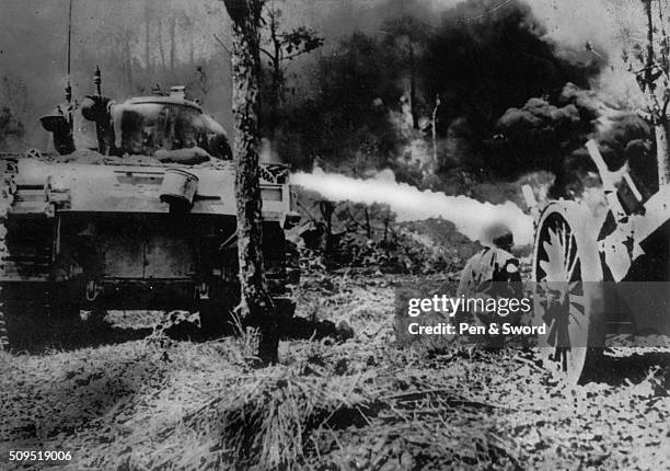 Rear view Sherman flamethrower in action. M4A3R3 Zippo: Sherman tank during the Battle of Okinawa . GI crouched alongside, Japan.