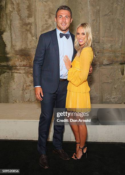 Sam Burgess and Phoebe Hooke arrive ahead of the Myer AW16 Fashion Launch at Barangaroo Reserve on February 11, 2016 in Sydney, Australia.