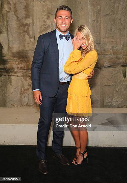 Sam Burgess and Phoebe Hooke arrive ahead of the Myer AW16 Fashion Launch at Barangaroo Reserve on February 11, 2016 in Sydney, Australia.