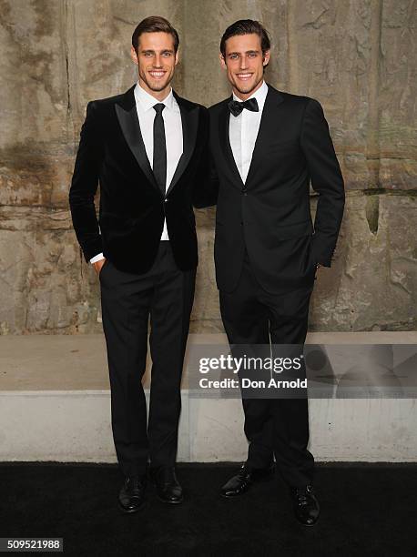 Jordan Stenmark and Zac Stenmark arrive ahead of the Myer AW16 Fashion Launch at Barangaroo Reserve on February 11, 2016 in Sydney, Australia.