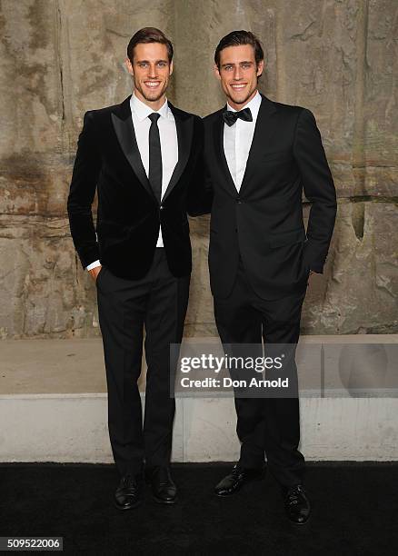 Jordan Stenmark and Zac Stenmark arrive ahead of the Myer AW16 Fashion Launch at Barangaroo Reserve on February 11, 2016 in Sydney, Australia.