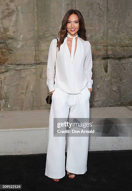 Kyly Clarke arrives ahead of the Myer AW16 Fashion Launch at Barangaroo Reserve on February 11, 2016 in Sydney, Australia.