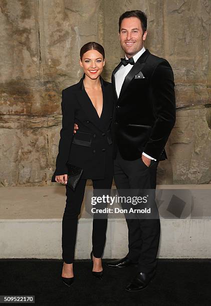 Sam Frost and Sasha Mielczarek arrives ahead of the Myer AW16 Fashion Launch at Barangaroo Reserve on February 11, 2016 in Sydney, Australia.