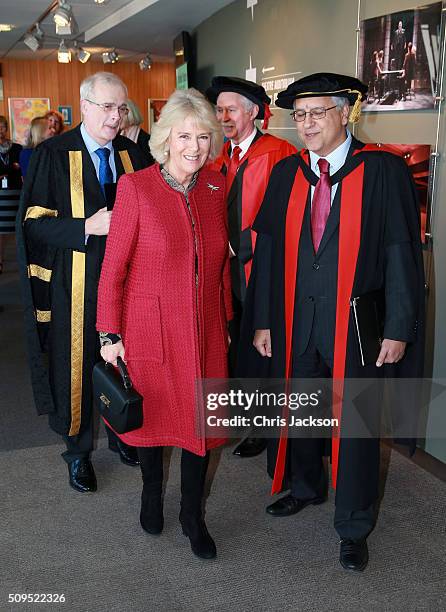 Camilla, Duchess Of Cornwall arrives at the University Of Southampton where she is to be awarded an Honourary Doctorate on February 11, 2016 in...