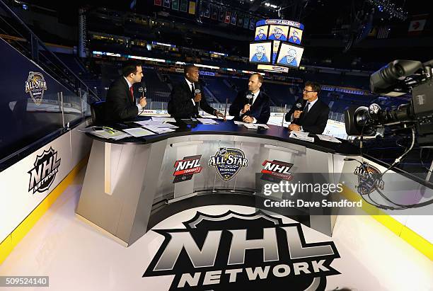 Network commentators Tony Luftman, Kevin Weekes, Mike Rupp and Scott Stevens speak after the 2016 Honda NHL All-Star Game at Bridgestone Arena on...