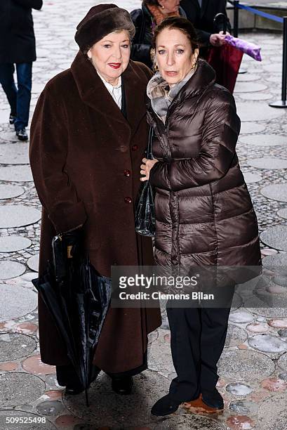 Daniela Ziegler and Marie-Luise Marjanattends the Wolfgang Rademann memorial service on February 11, 2016 in Berlin, Germany.