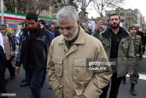 The commander of the Iranian Revolutionary Guard's Quds Force, General Qassem Soleimani, attends celebrations marking the 37th anniversary of the...