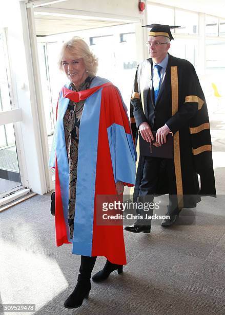 Camilla, Duchess Of Cornwall at the University Of Southampton where she is to be awarded an Honourary Doctorate on February 11, 2016 in Southampton,...