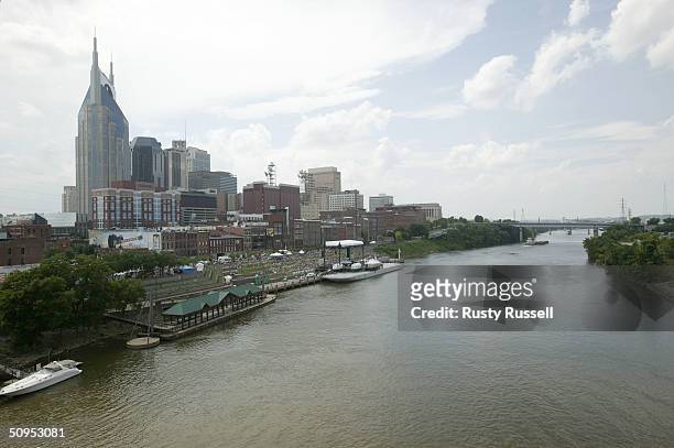 The skyline of Nashville is seen with riverfront concert stage and midway during the 2004 CMA Music Festival, formerly known as FanFair June 10, 2004...