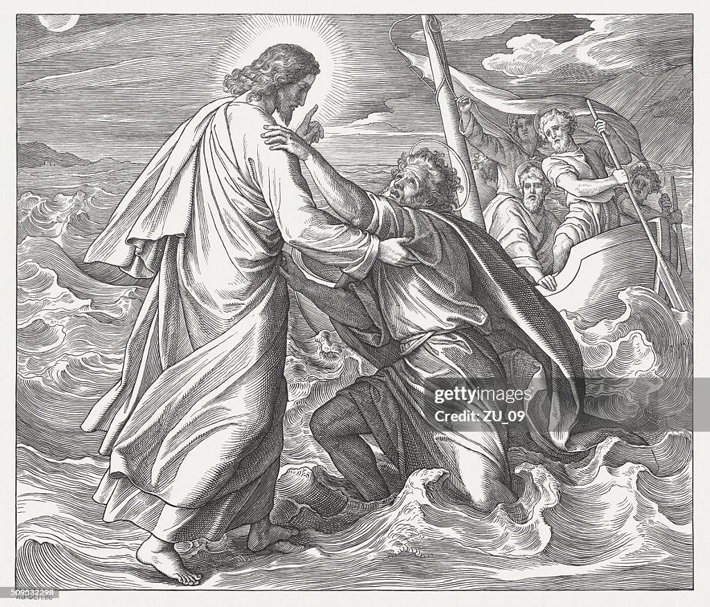 Jesus e o naufrágio Peter, entalhes de madeira, publicado em 1860