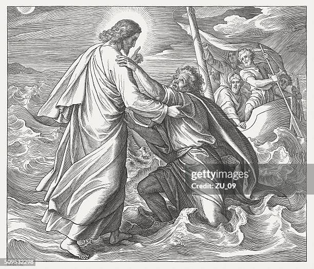 jesus and the sinking peter (matthew 14), published in 1860 - miracle stock illustrations