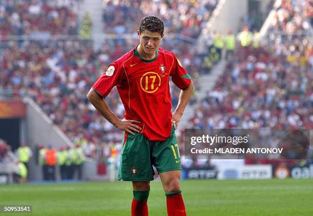 Portugal's forward Cristiano Ronaldo after missing a goal 12 June 2004 at Dragao stadium in Porto, during the Euro 2004 group A football match...