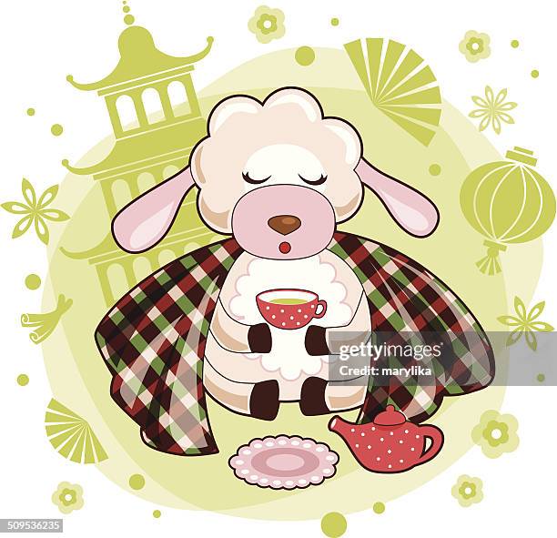 calm sheep on tea ceremony with china background - warm blanket stock illustrations