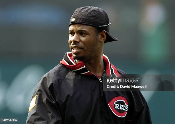 Ken Griffey Jr. #30 of the Cincinnati Reds before the start of the game against the Cleveland Indians on June 12, 2004 at Jacobs Field in Cleveland,...