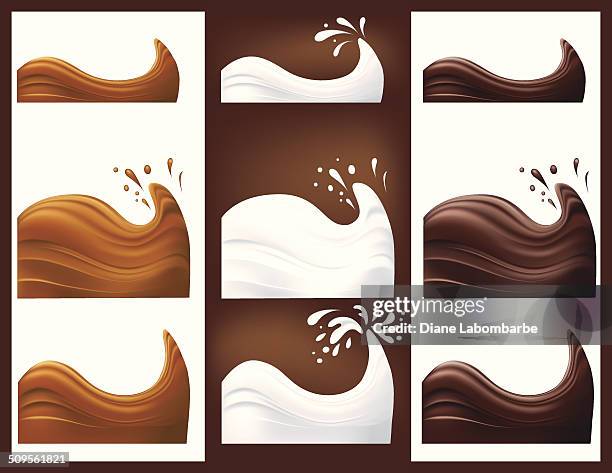 ilustraciones, imágenes clip art, dibujos animados e iconos de stock de leche con chocolate y caramelo espirales y salpicaduras - milk chocolate