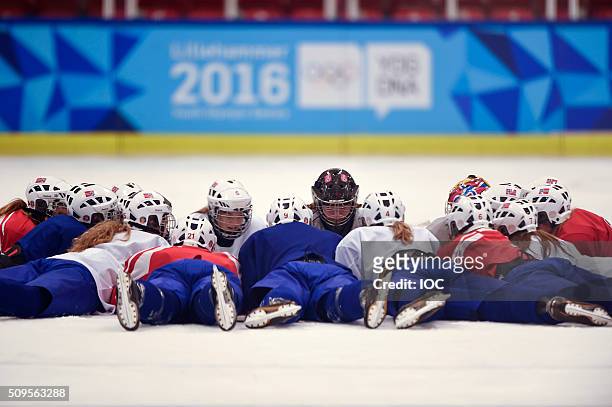 In this handout image supplied by the IOC, Norway's Women's Ice Hockey team during practice before the Winter Youth Olympic Games on February 11,...